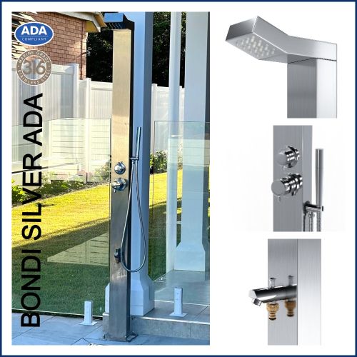 Bondi Silver ADA 316L Marine Grade Stainless Steel Outdoor Shower Complete Shower System Tower Panel