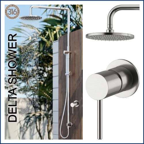 Delta 316L Marine Grade Stainless Steel Wall Mounted Outdoor / Indoor Shower Rail, 2 in 1 with Hot & Cold Mixer Valve and Hand Shower Wand Package