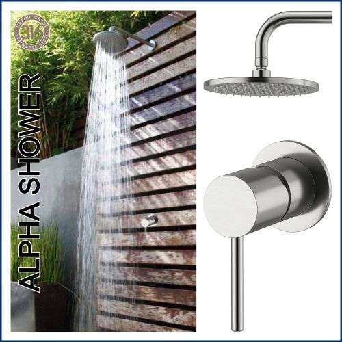 Alpha Outdoor 316L Stainless Steel Marine Grade Wall Mounted Shower Arm, Shower Head & a Hot and Cold Washer-less Mixer Shower Set