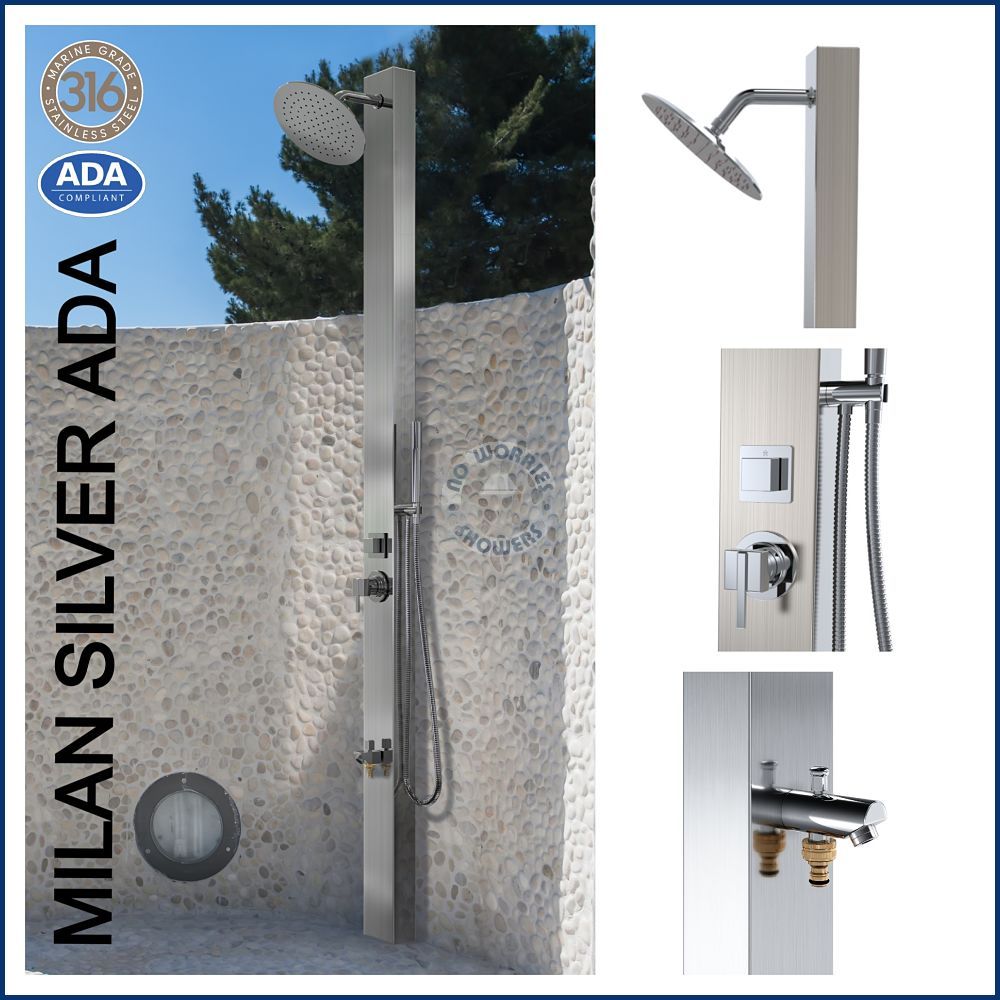 Milan No Worries Products 316 Marine Grade Stainless Steel Massage Outdoor Shower Panel Swimming Pool Backyard Bathroom Hot & Cold Rainfall Hand Held Wall Mounted or Free Standing Outside Shower 
