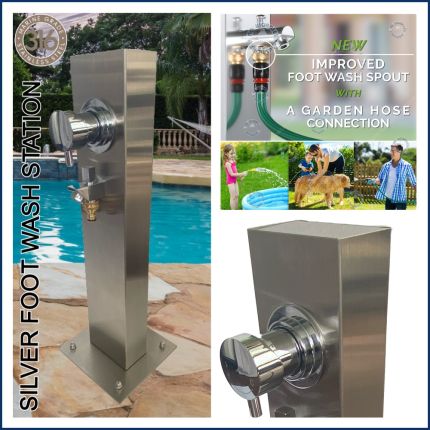 Silver Outdoor Foot Wash Station 316L Marine Grade Stainless Steel, with a Garden Hose Connection & Hot & Cold Mixer